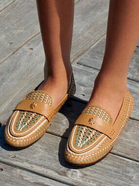 Tory Burch $348 Woven Ballet Loafer Flats Tan Blue SUPER COMFY!